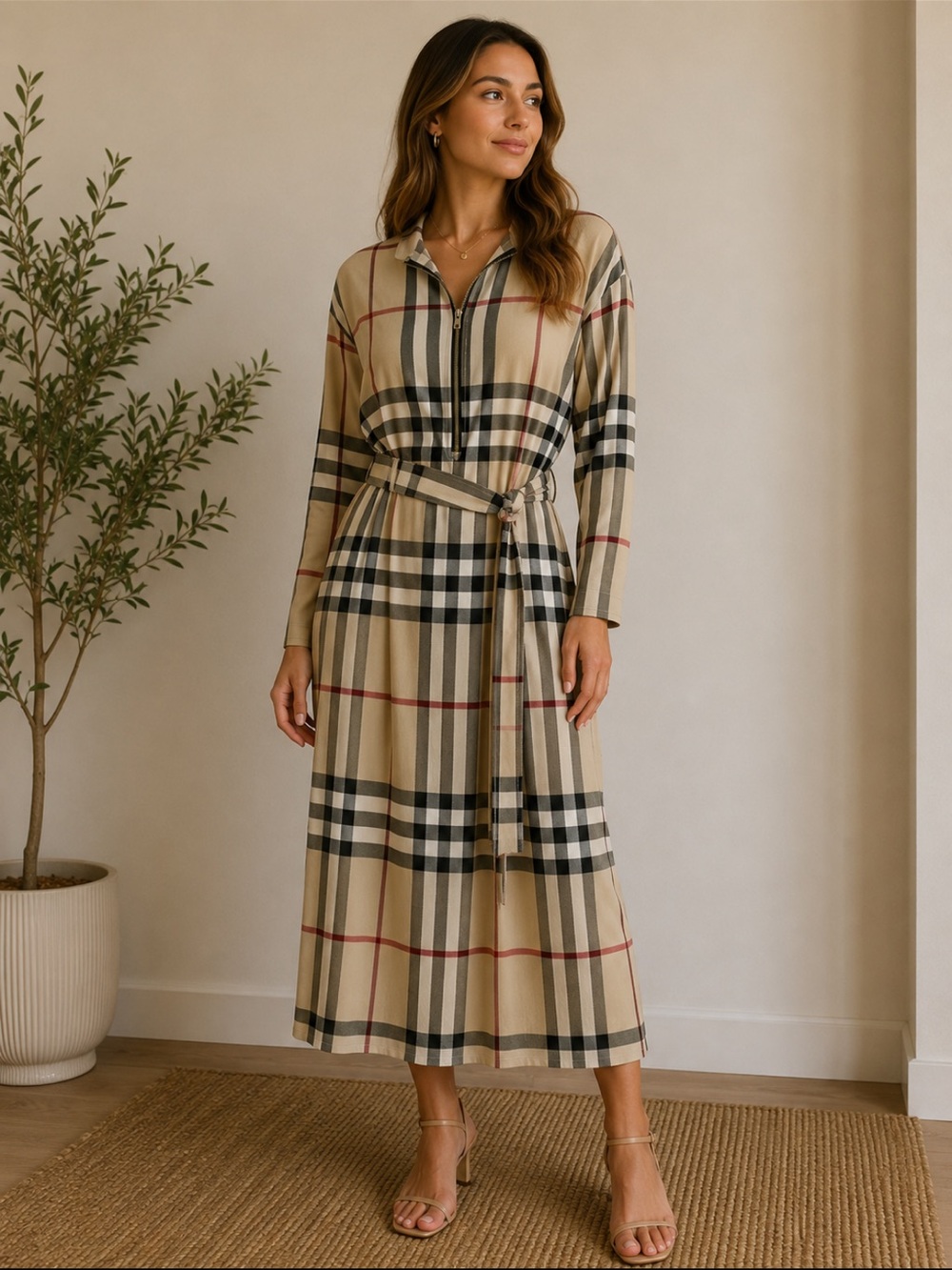 Plaid Midi Shirtdress with Belt - Beige/Black